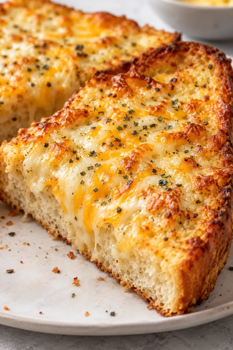 Close-up of golden cheesy Texas toast with garlic butter and herbs