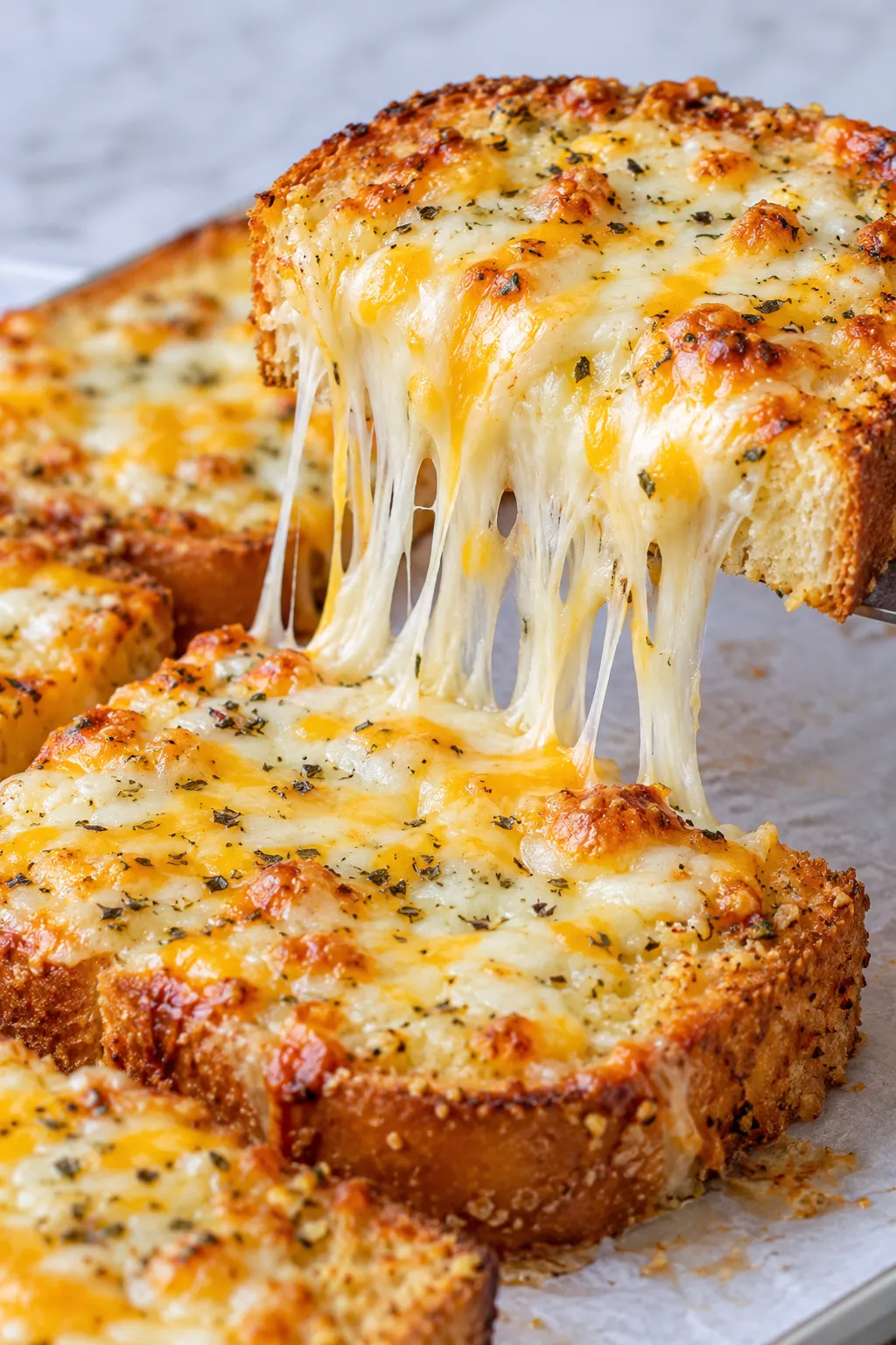 Cheesy Texas toast cheese pull showing gooey melted mozzarella