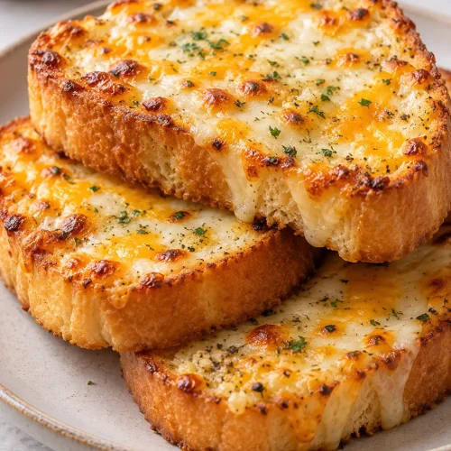 Cheesy Texas toast with bubbly melted mozzarella and cheddar on thick garlic bread