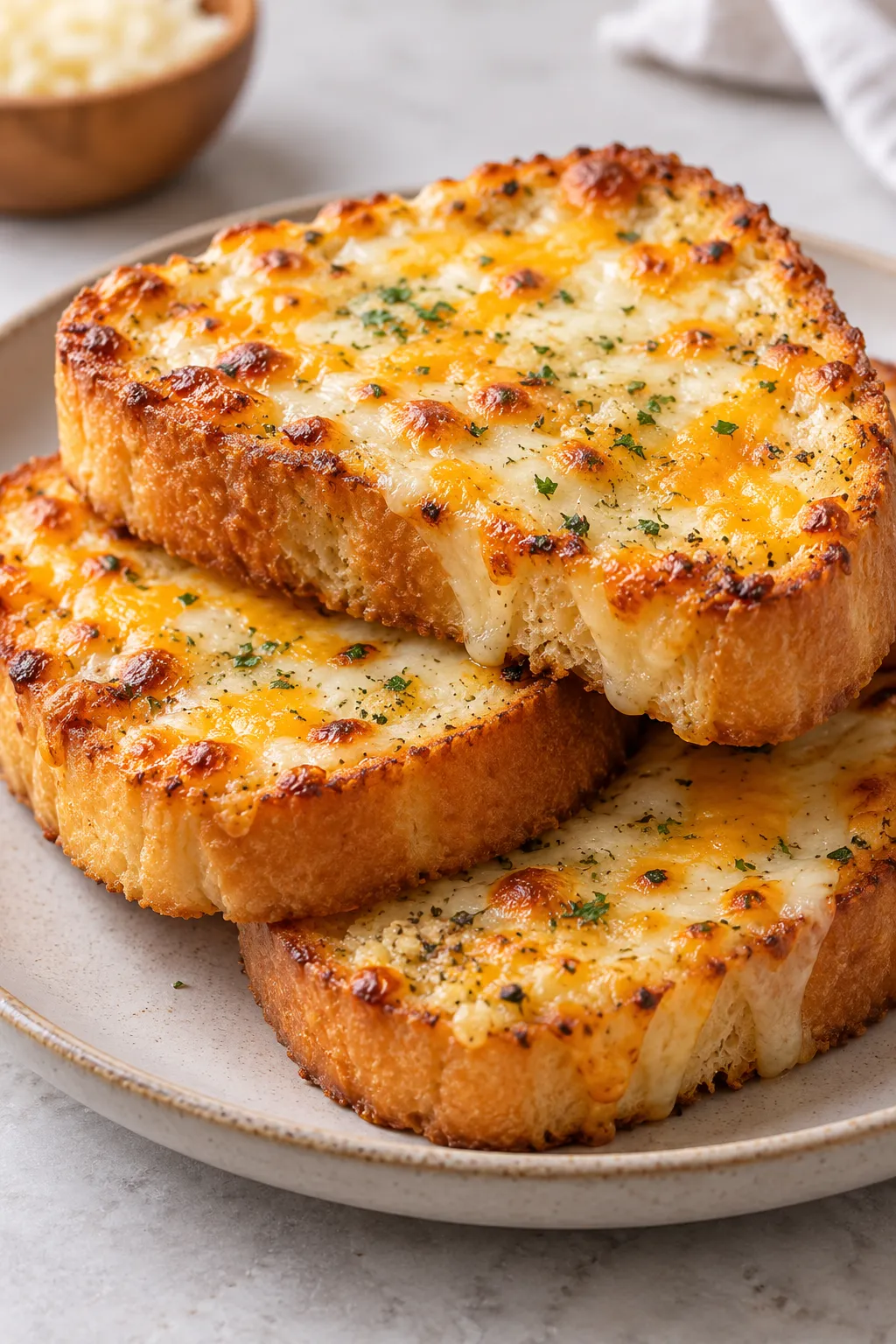 Cheesy Texas toast with bubbly melted mozzarella and cheddar on thick garlic bread