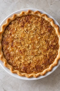 Baked oatmeal pie with a set golden-brown oat surface and golden pastry edge