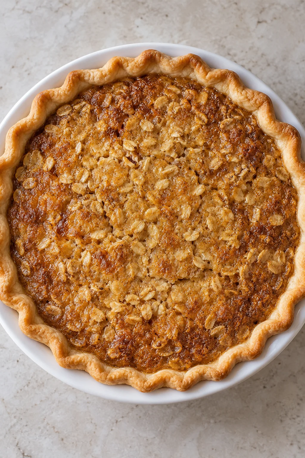 Baked oatmeal pie with a set golden-brown oat surface and golden pastry edge