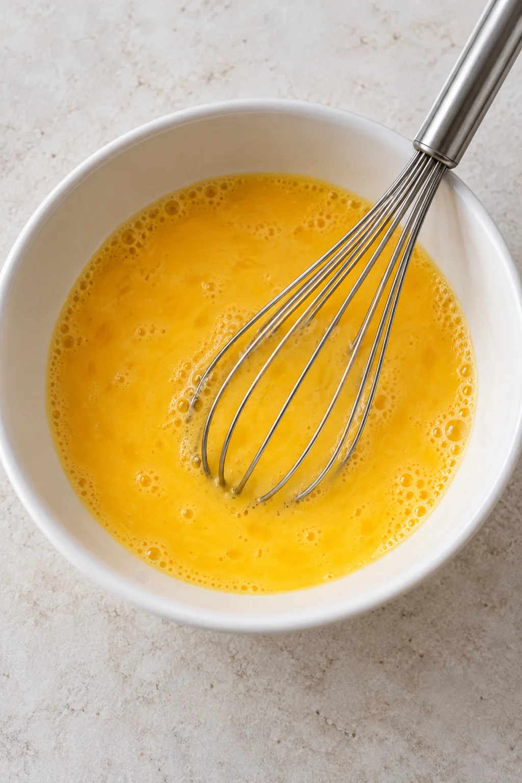 Three beaten eggs in a small bowl ready to add to the oatmeal pie filling