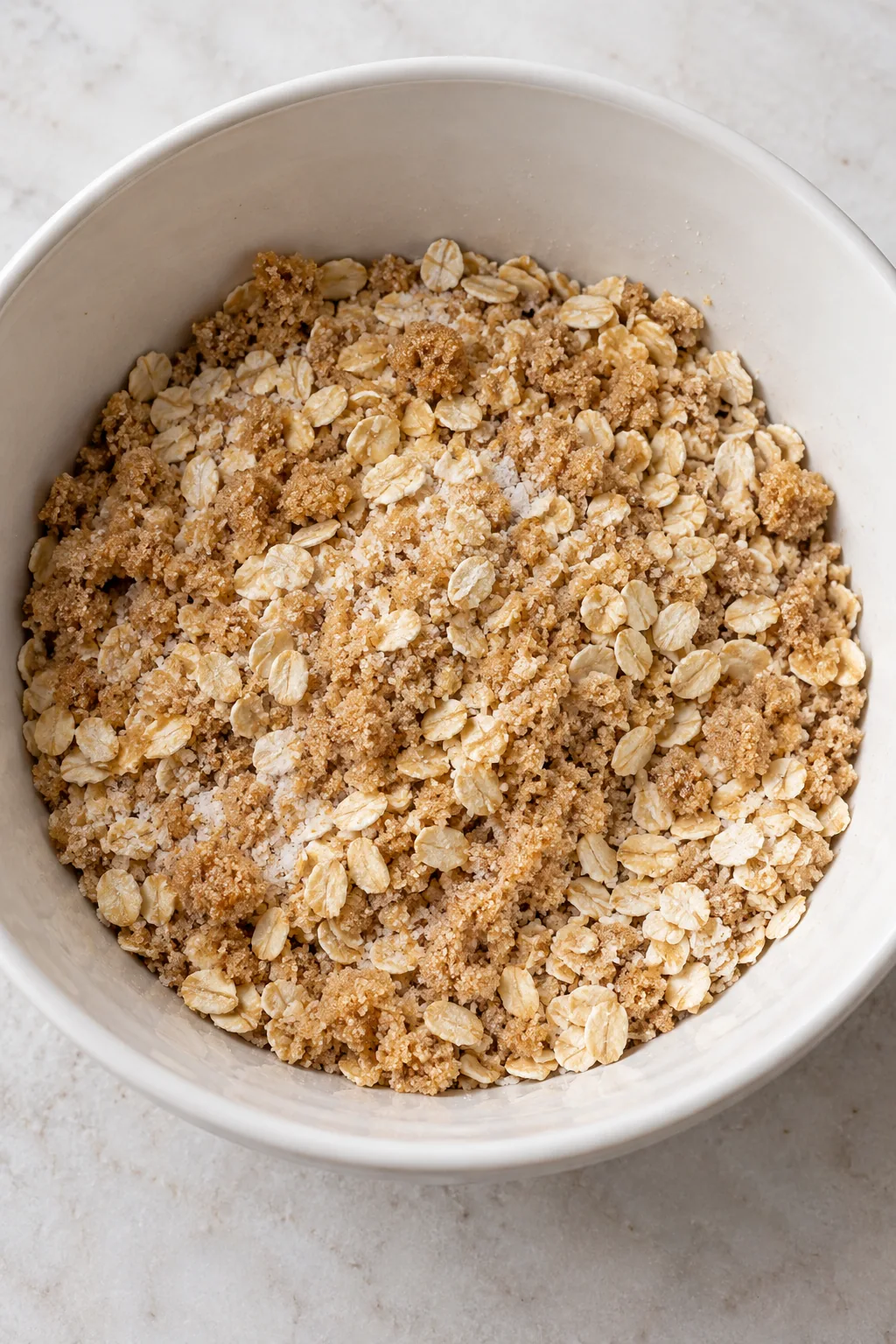 Rolled oats mixed with brown sugar, granulated sugar, and salt before adding the wet ingredients