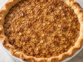 Whole baked Amish oatmeal pie with golden oat filling and a crimped pastry crust