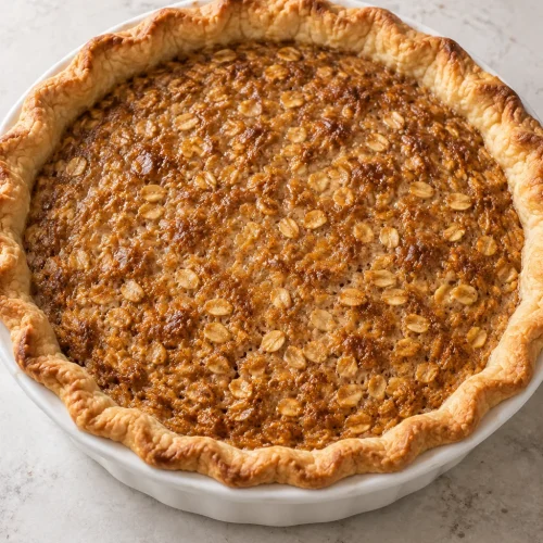 Whole baked Amish oatmeal pie with golden oat filling and a crimped pastry crust