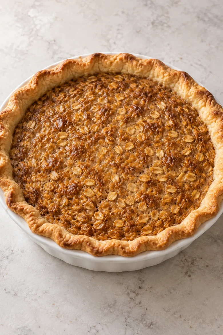 Whole baked Amish oatmeal pie with golden oat filling and a crimped pastry crust