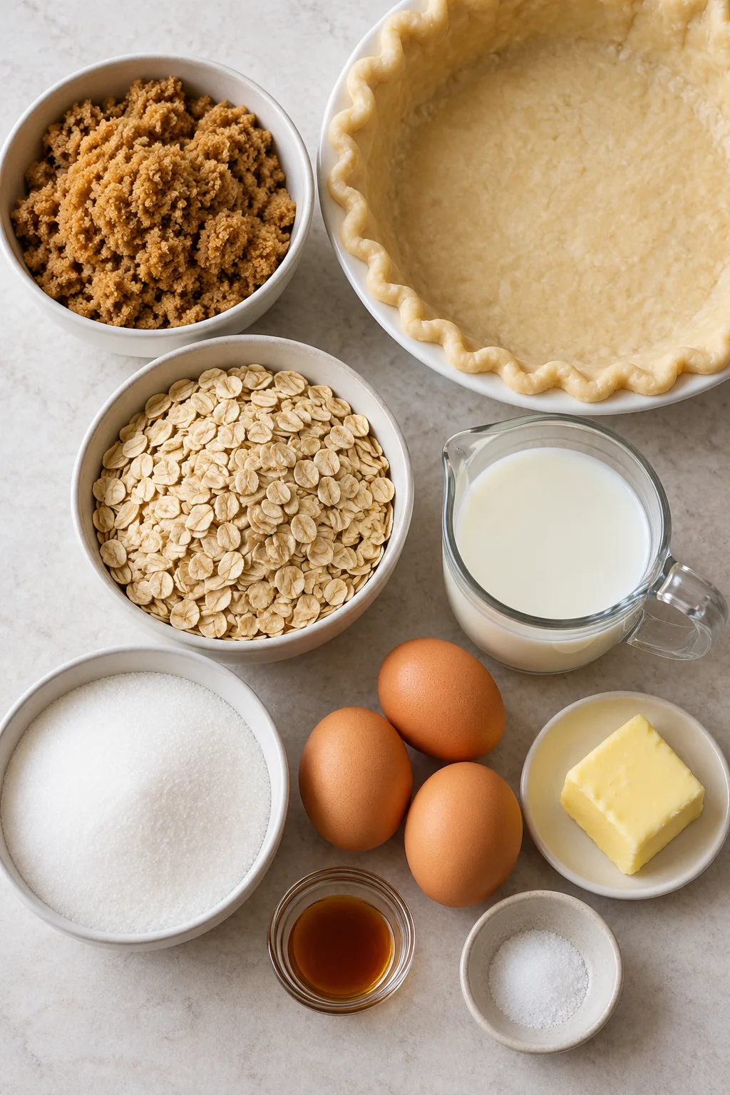 Brown sugar, rolled oats, milk, eggs, butter, vanilla, sugar, salt, and an unbaked pie shell