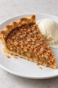 A slice of Amish oatmeal pie with a small scoop of optional vanilla ice cream
