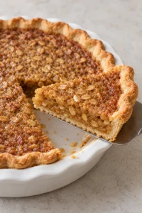 A slice of Amish oatmeal pie on a pie server showing the oat filling and pastry base