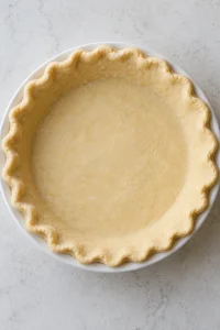 An unbaked pastry shell with a crimped edge fitted into a white pie dish