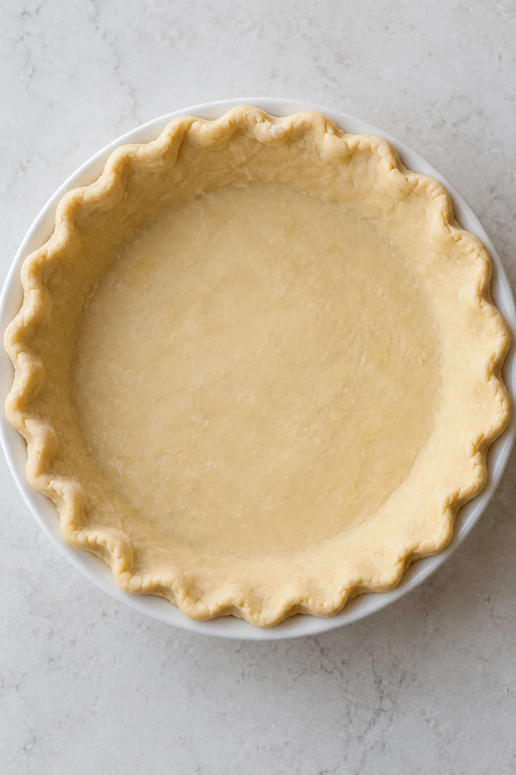 An unbaked pastry shell with a crimped edge fitted into a white pie dish