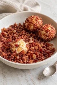 Mini cheese ball being coated in finely chopped cooked bacon