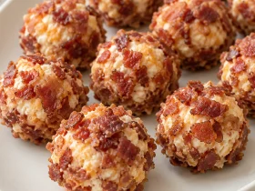 Bacon cheddar mini cheese balls on an ivory serving platter