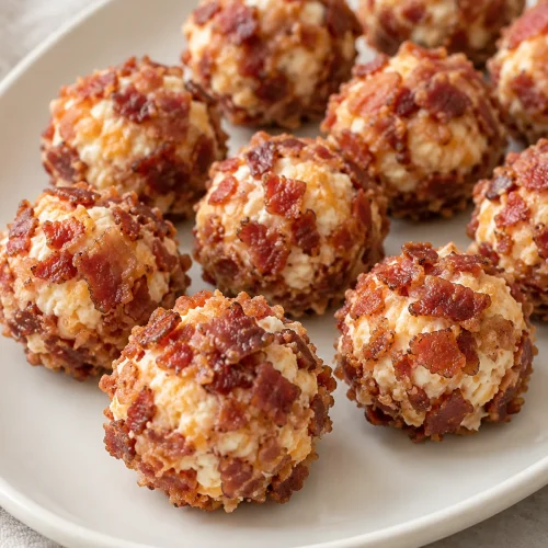 Bacon cheddar mini cheese balls on an ivory serving platter