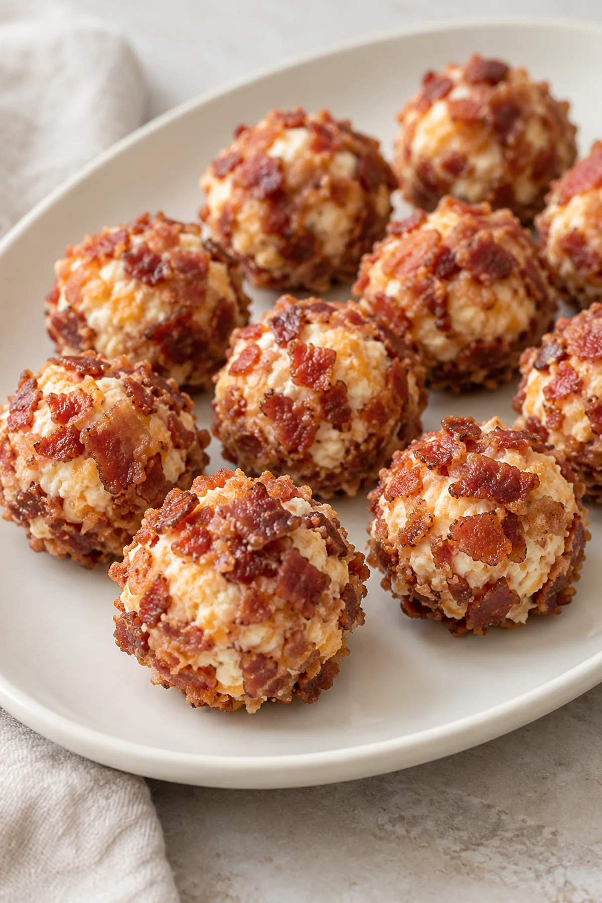 Bacon cheddar mini cheese balls on an ivory serving platter