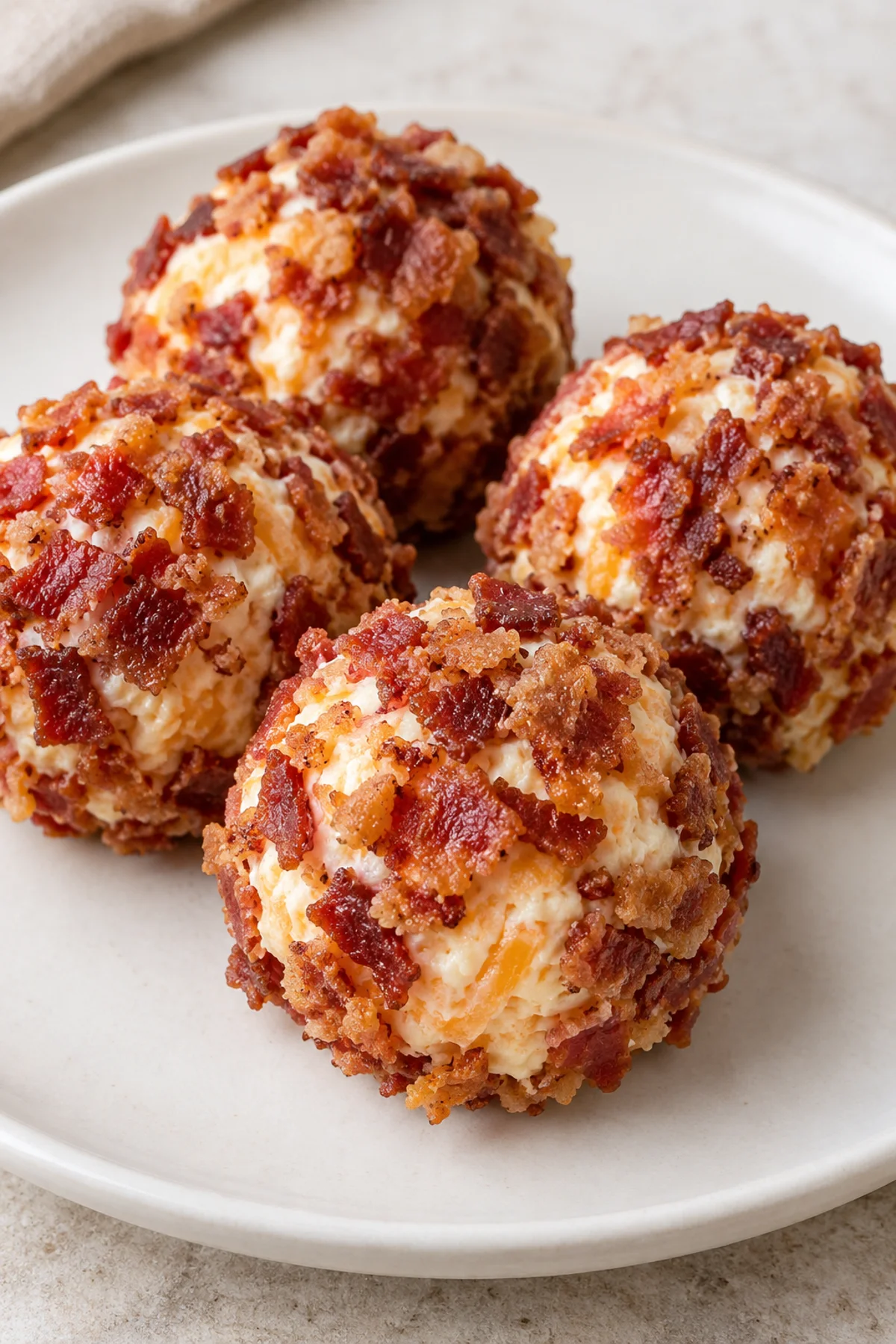 Close view of the crisp bacon coating on mini cheese balls