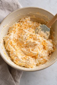 Cream cheese and shredded cheddar mixed in a bowl