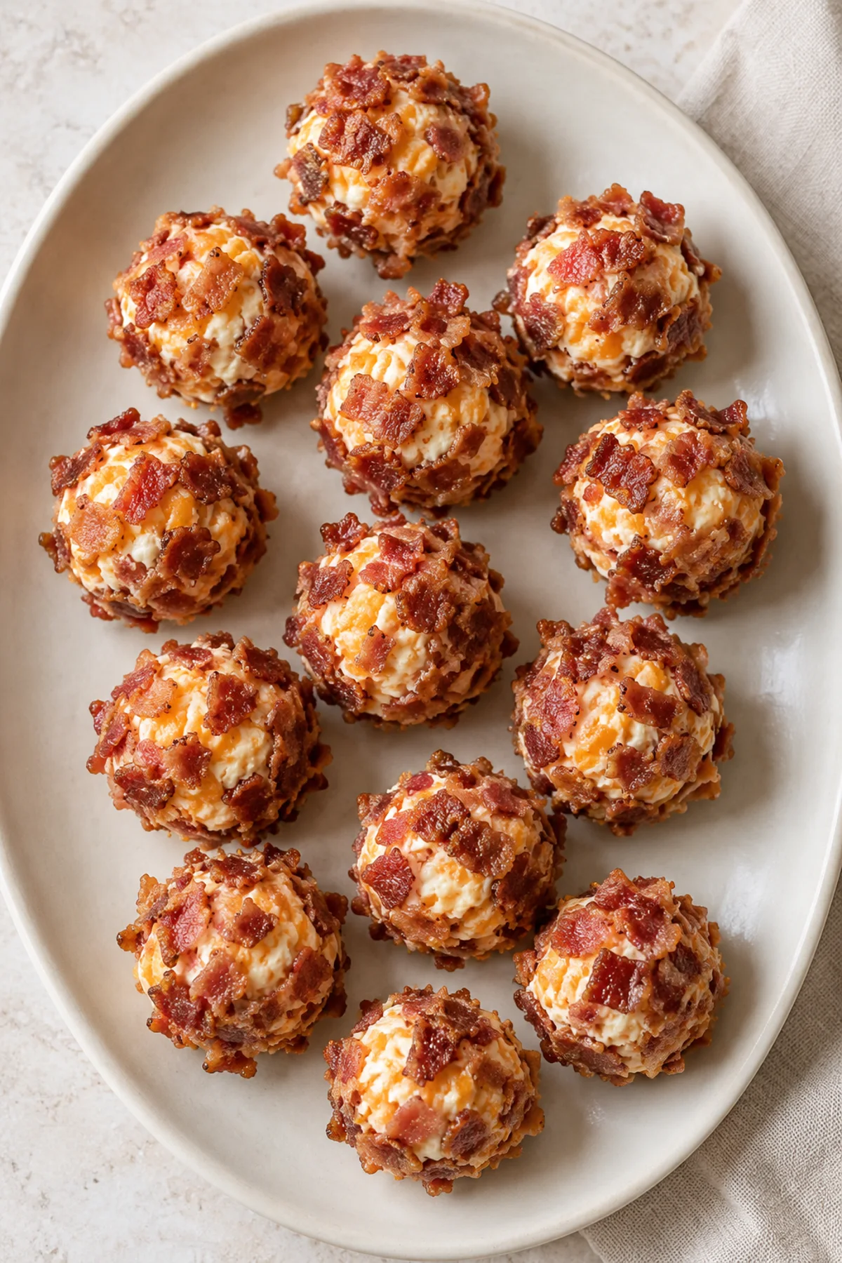 Overhead view of bite-sized bacon cheddar cheese balls