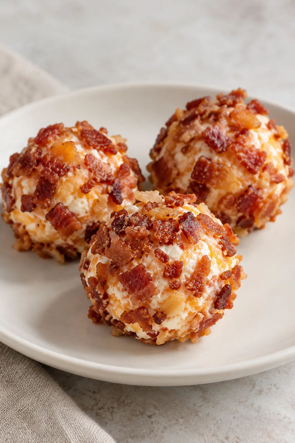 Three bacon-coated mini cheese balls on a small plate
