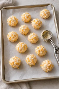 Uncoated cheddar cheese balls shaped on a parchment-lined tray