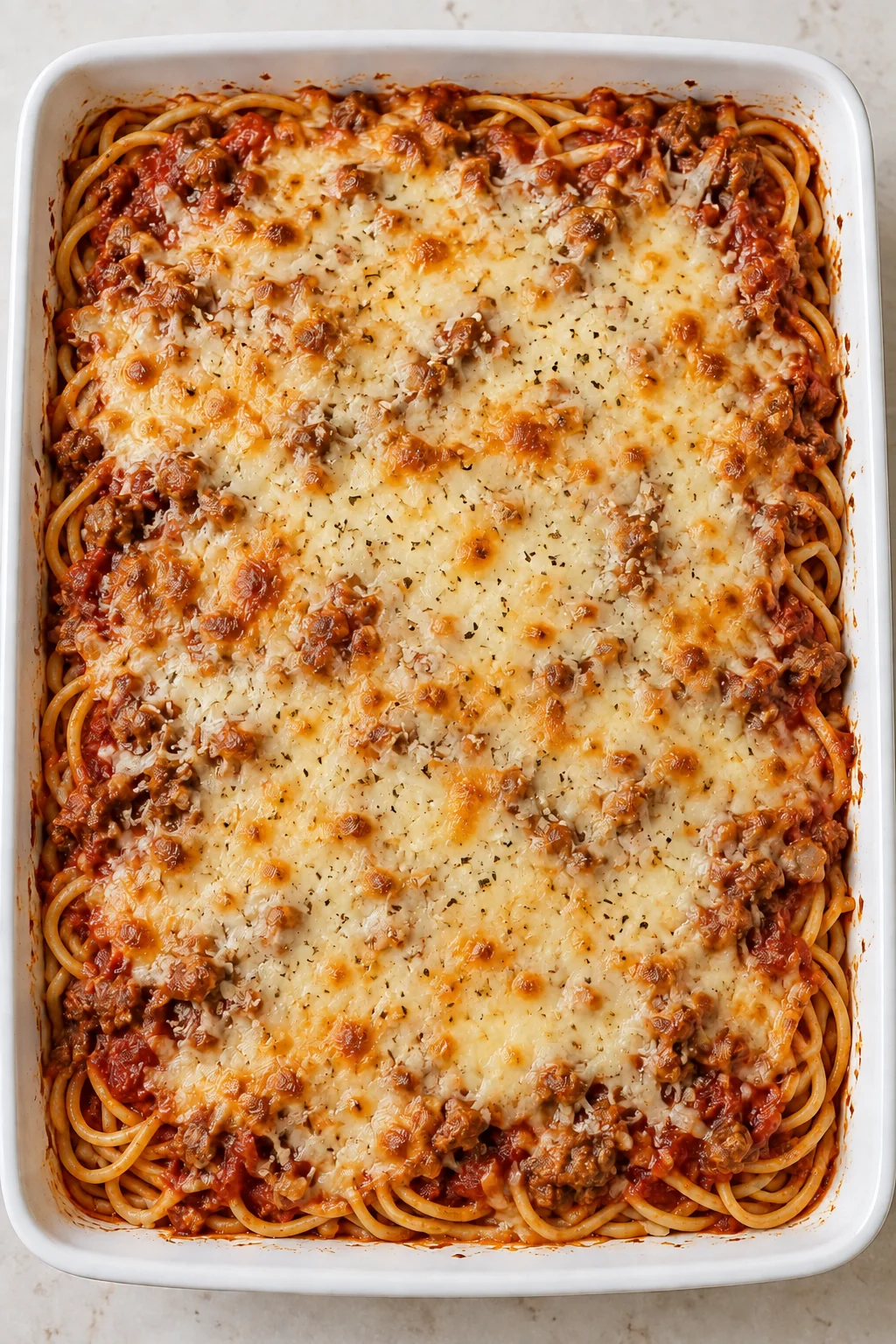 The spaghetti casserole after baking, with melted cheese and lightly golden edges.