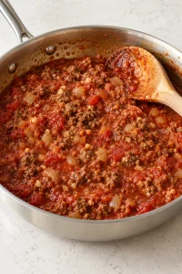 Ground beef, onion and garlic simmered with marinara sauce.