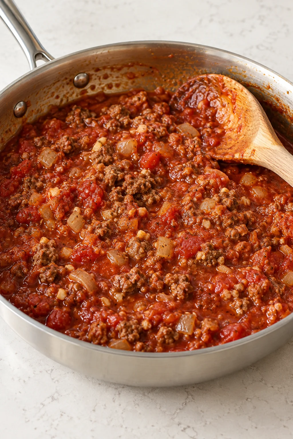 Ground beef, onion and garlic simmered with marinara sauce.