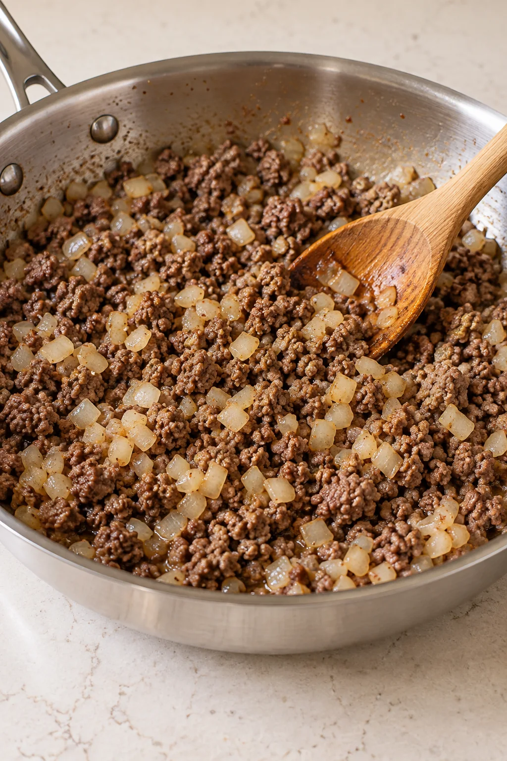 Browned ground beef and diced onion in the skillet before adding marinara.