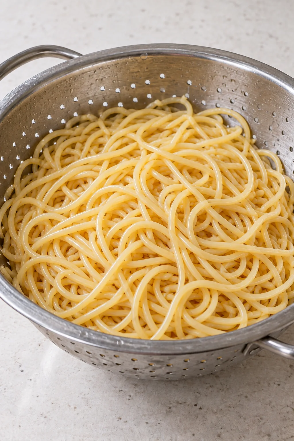 Cooked spaghetti drained and lightly tossed with olive oil.