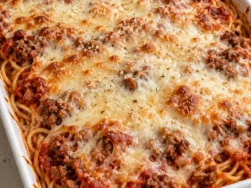 Baked cream cheese spaghetti with beef marinara and a lightly golden cheese topping.