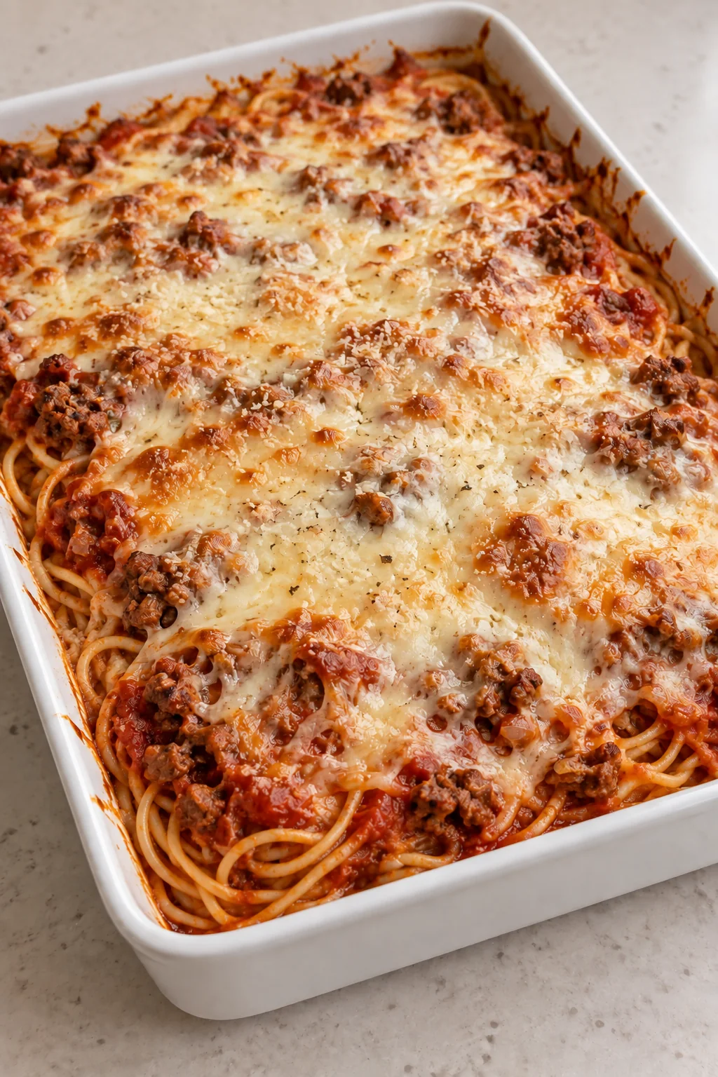 Baked cream cheese spaghetti with beef marinara and a lightly golden cheese topping.