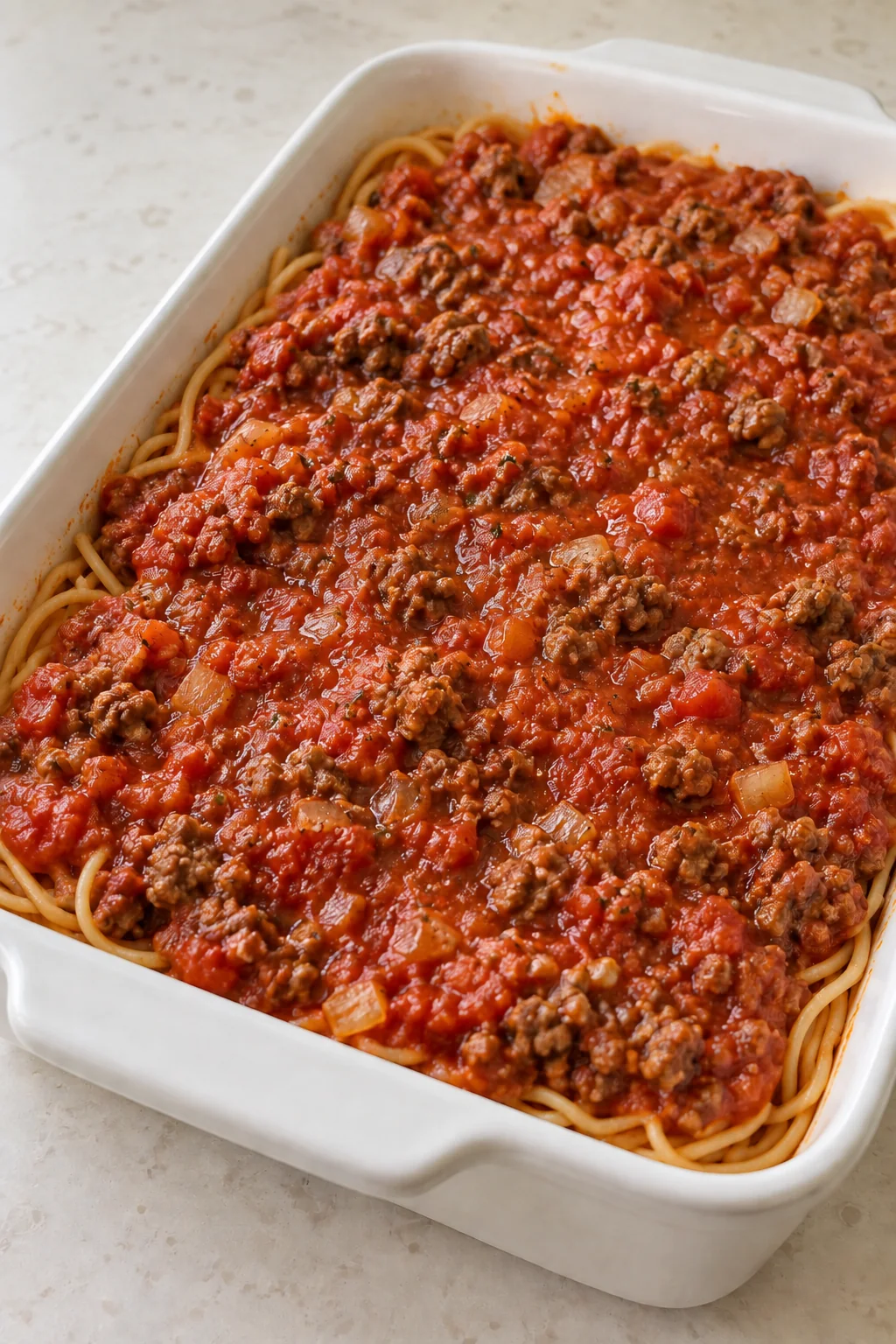 Beef marinara spread over the spaghetti and cream cheese layer.
