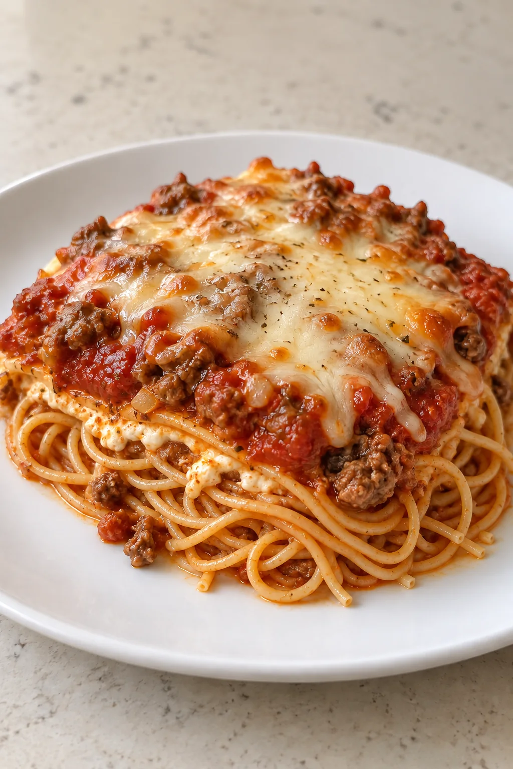A served portion showing spaghetti, a thin cream cheese layer, beef sauce and melted cheese.