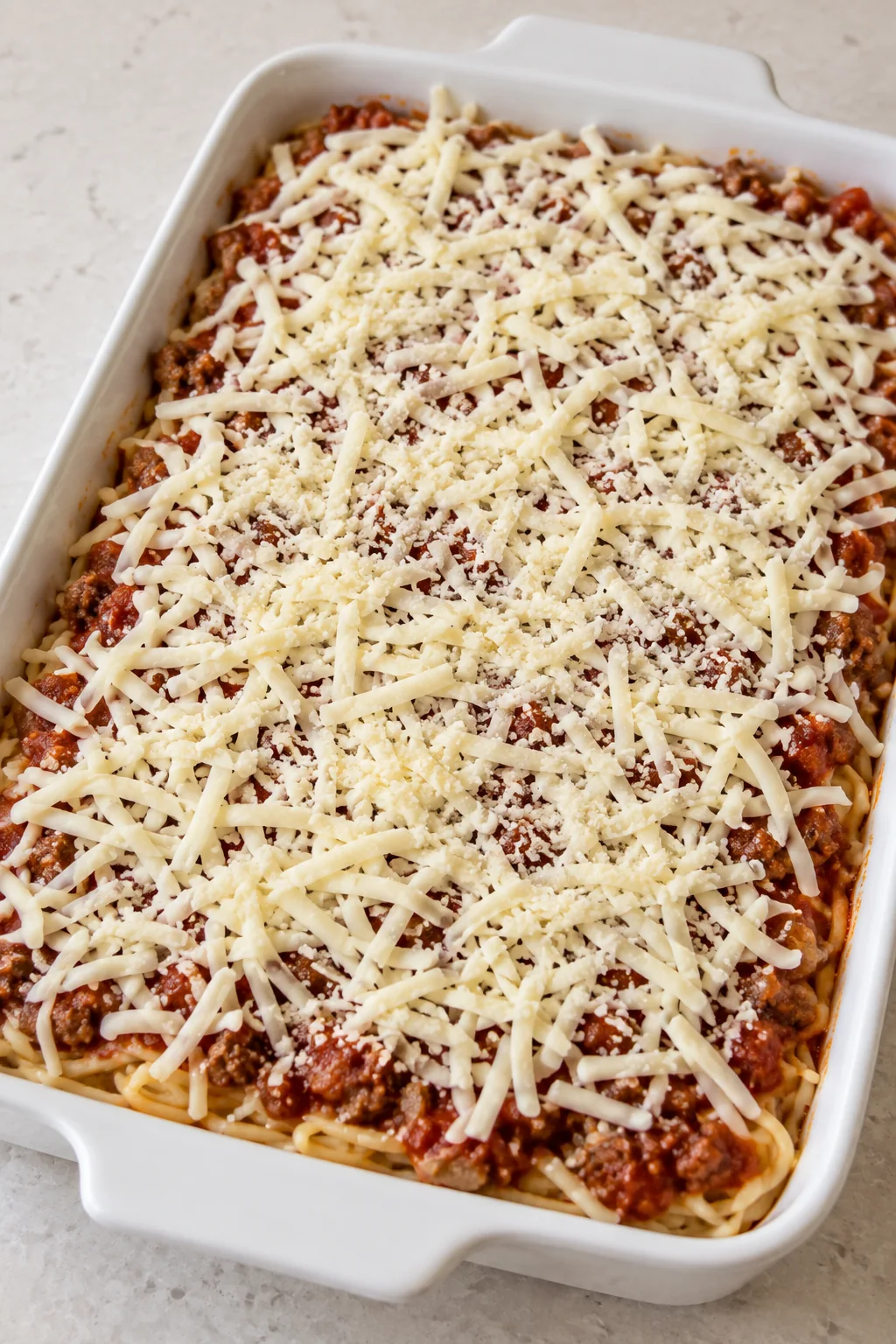 Unbaked spaghetti casserole topped with shredded mozzarella and grated Parmesan.