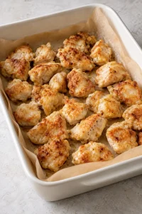 Lightly browned chicken pieces arranged in a parchment-lined baking dish before adding sauce.