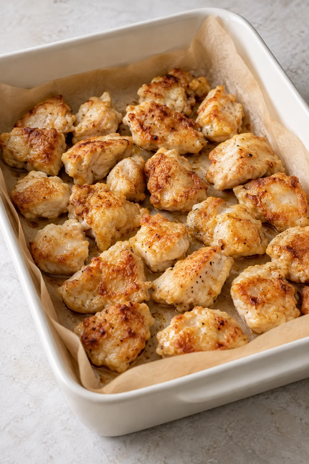 Lightly browned chicken pieces arranged in a parchment-lined baking dish before adding sauce.