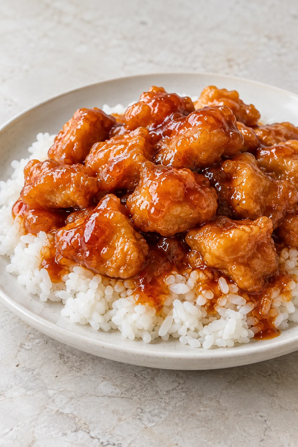 Baked sweet and sour chicken served over white rice on an ivory plate.