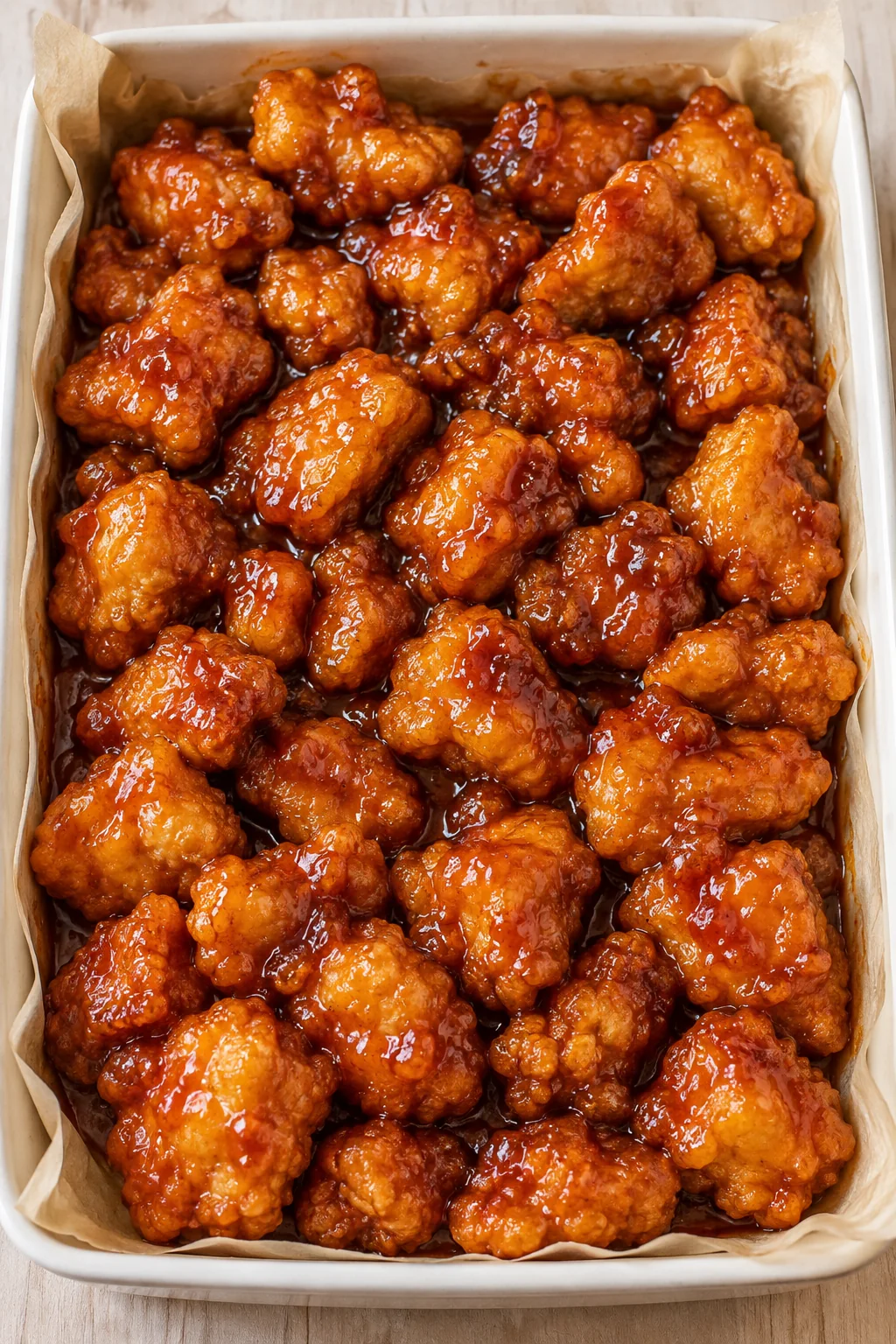 Overhead view of baked sweet and sour chicken with reduced sauce.