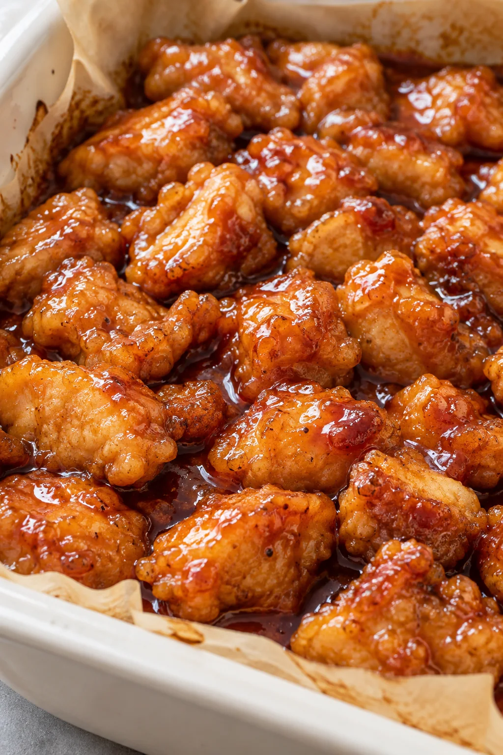 Close view of golden chicken pieces covered in sweet and sour glaze.