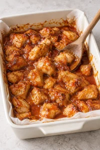 Sweet and sour chicken halfway through baking with a spoon resting in the dish.