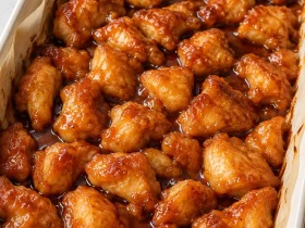 Baked sweet and sour chicken with a glossy glaze in a parchment-lined baking dish.