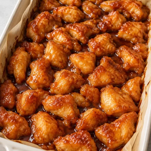 Baked sweet and sour chicken with a glossy glaze in a parchment-lined baking dish.