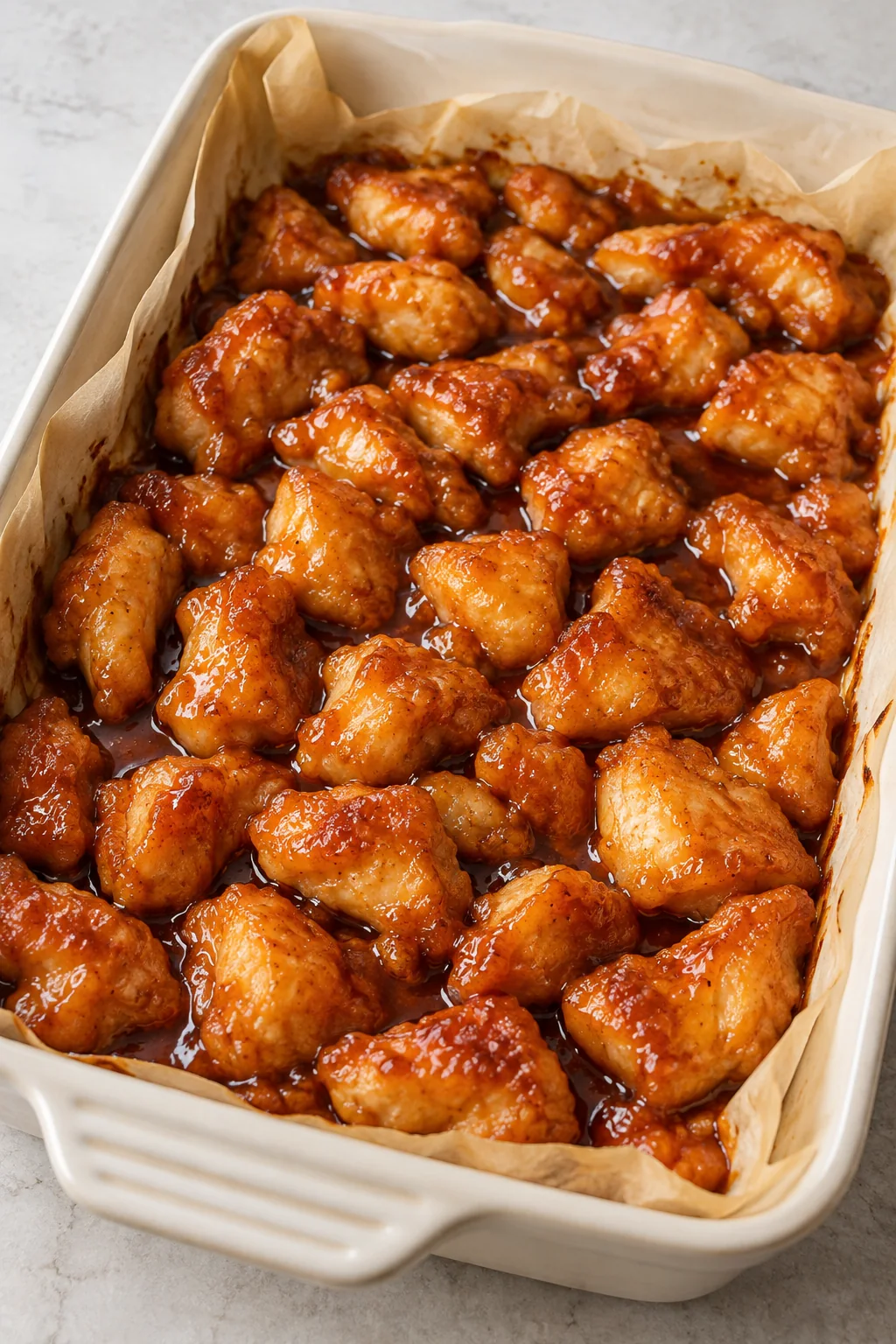 Baked sweet and sour chicken with a glossy glaze in a parchment-lined baking dish.