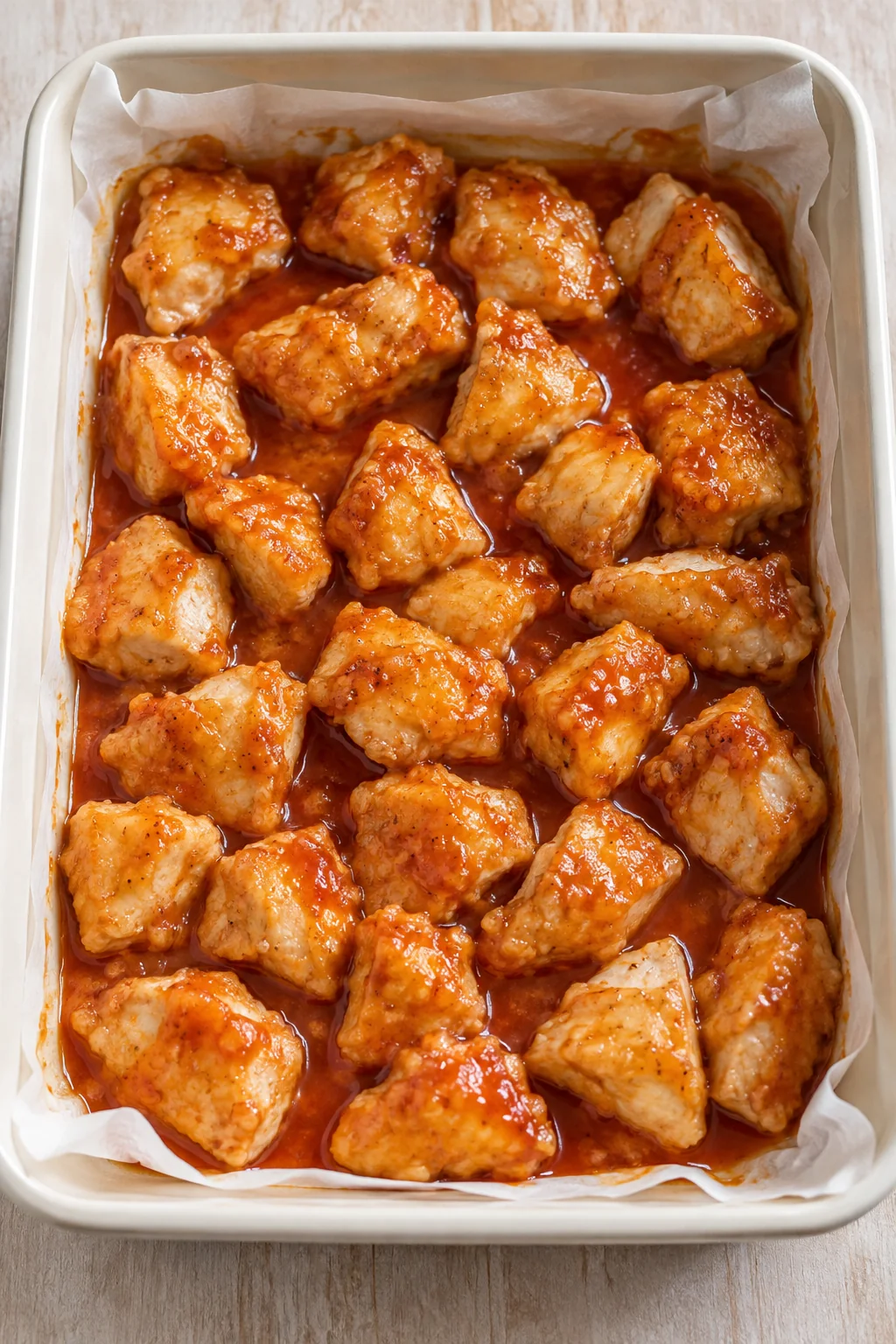 Browned chicken coated with sweet and sour sauce before baking.