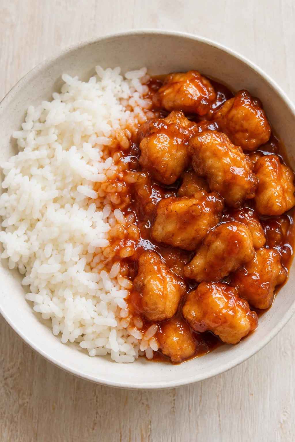 Sweet and sour chicken with white rice in a shallow bowl.
