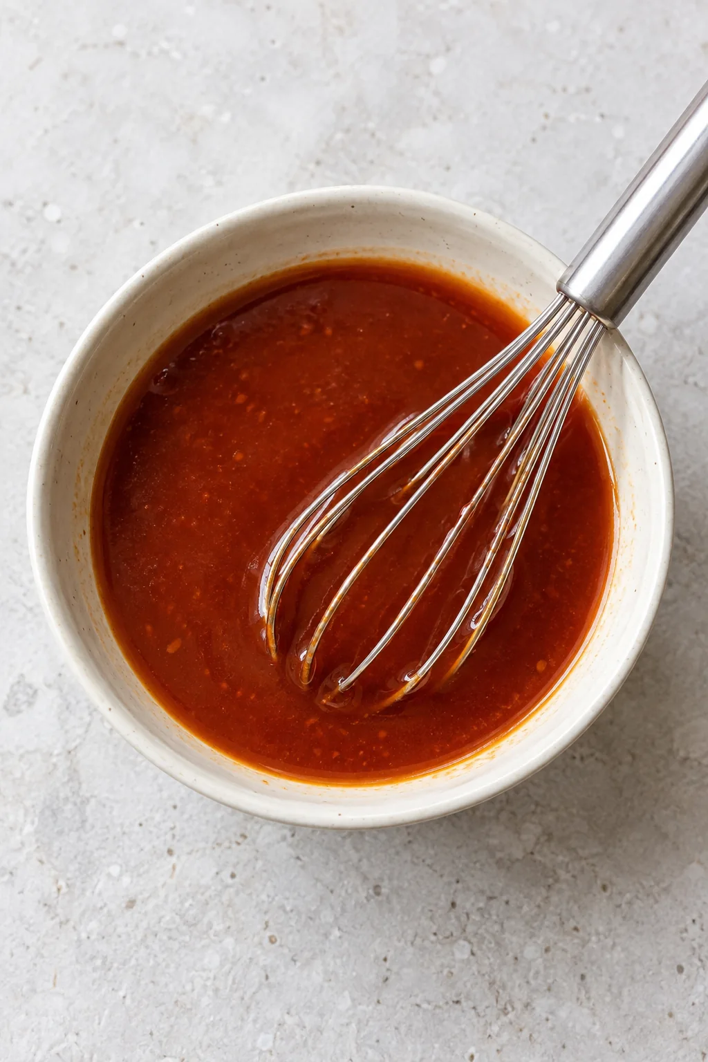 Whisked sweet and sour sauce in a small bowl with a whisk.