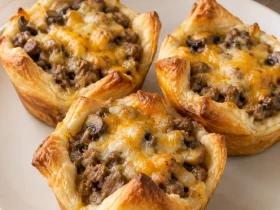 Golden crescent cups filled with ground beef, chopped mushrooms and melted cheddar