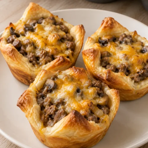 Golden crescent cups filled with ground beef, chopped mushrooms and melted cheddar