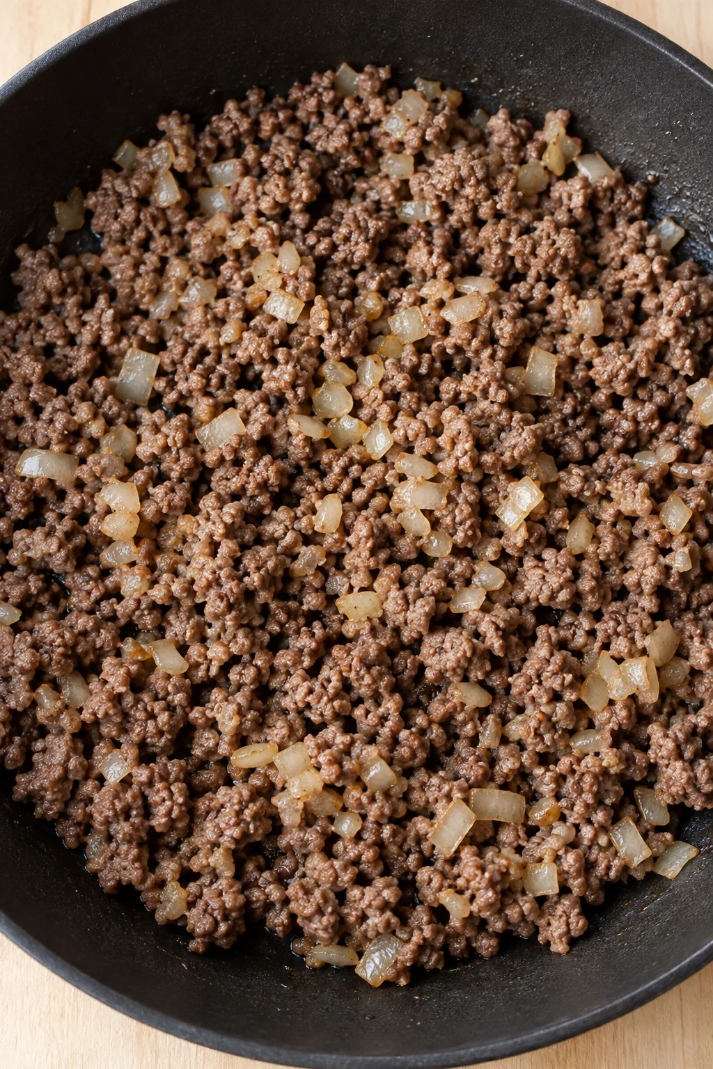 Browned ground beef crumbles with finely diced onion in a skillet